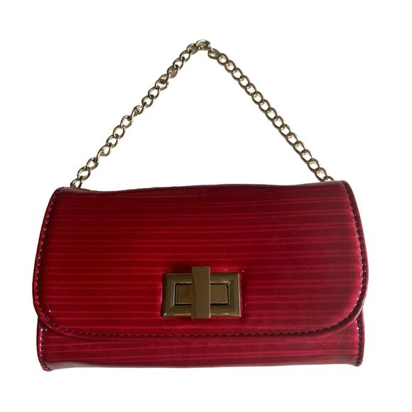 Small Red Patent Leather Clutch Handbag Bag Gold Chain Strap Polka Dot Lining - Picture 4 of 12